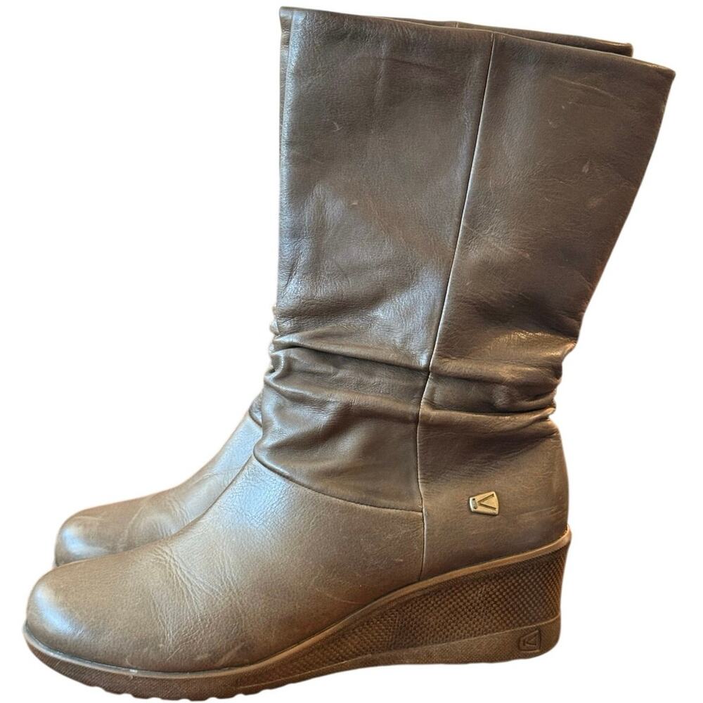 KEEN Kate Slouch Women's Mid Calf Wedge Heel Brown Leather Boots Size 11